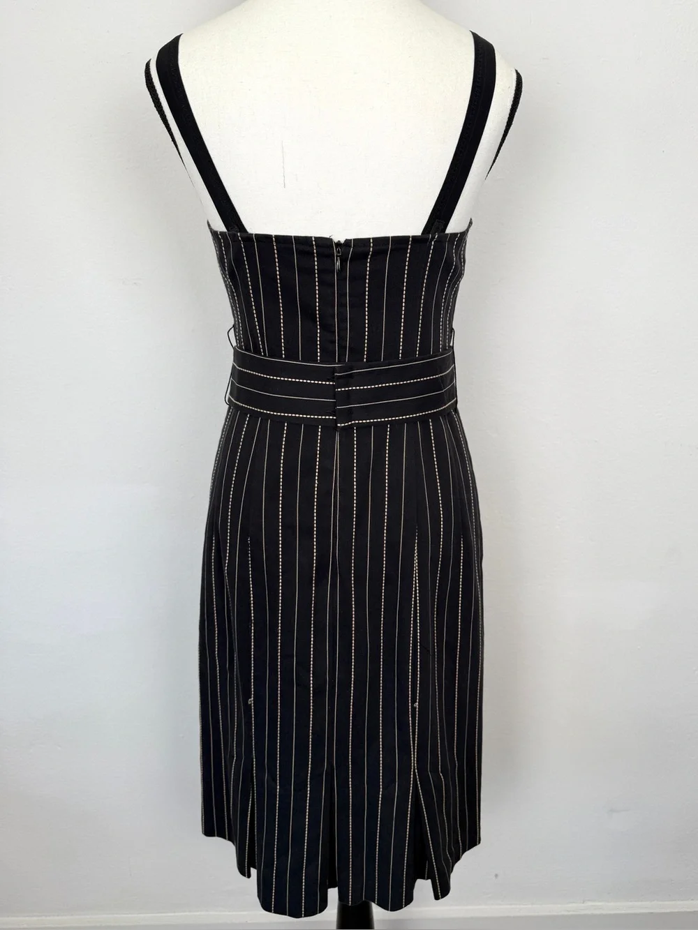 Vintage Nanette Lepore Size 6 Black Pinstripe Belted Corset Sheath Dress - Picture 8 of 13